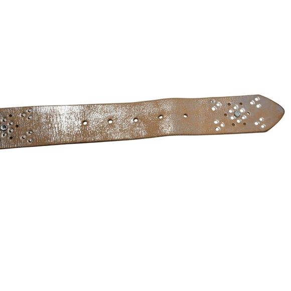 Aeropostale Western Studded Rhinestone Leather Belt Sz S Tan Metallic Silver‎ - Picture 10 of 11